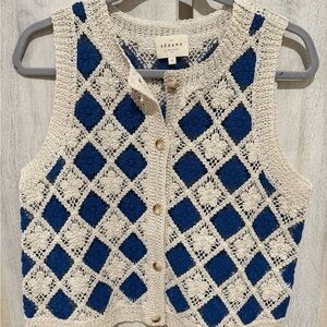 Sézane Blue and Cream Ron Crochet Sweater Vest
